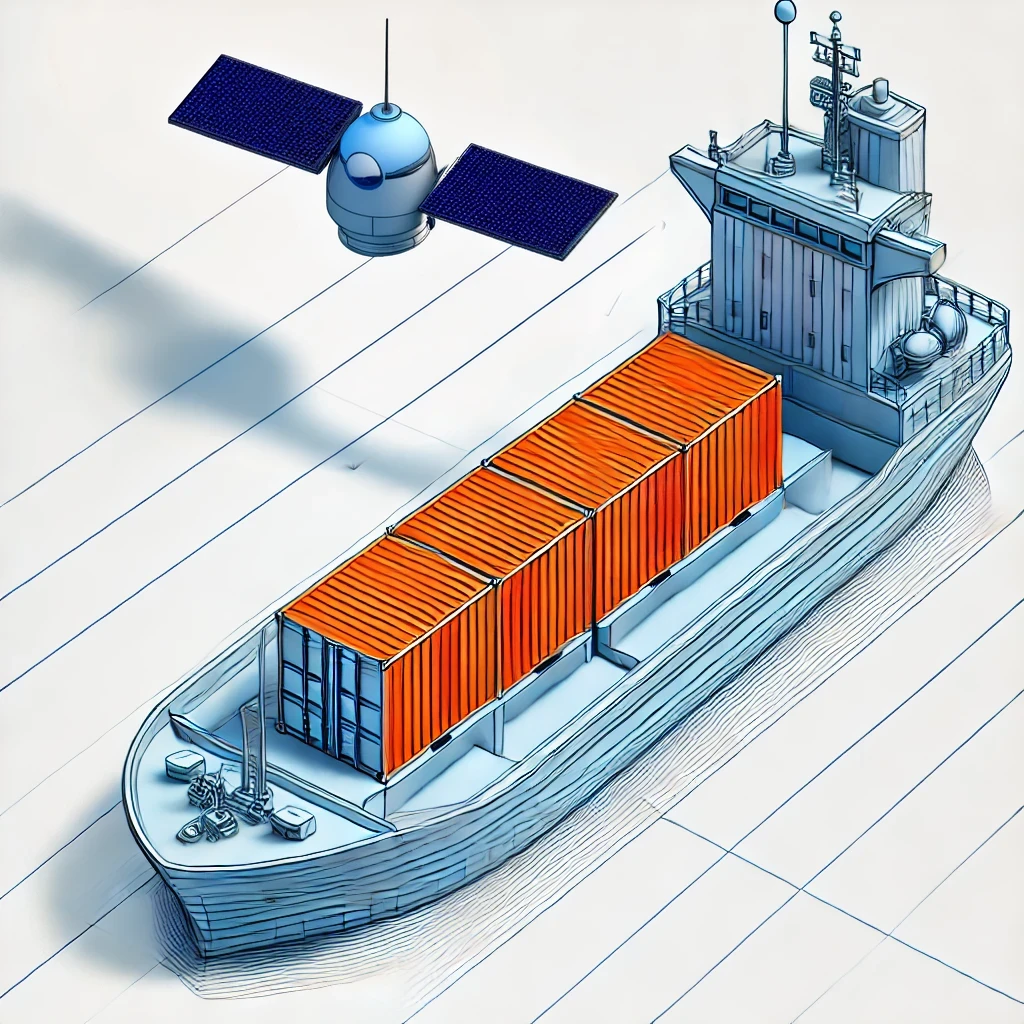 Ship sailing at sea with container and satellite.